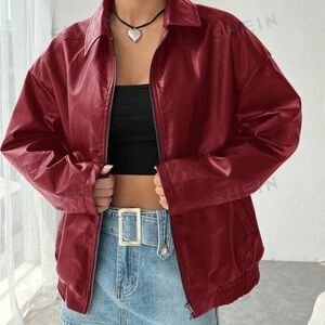 SHEIN EZwear Casual Off-Shoulder Zipped PU Leather Coat